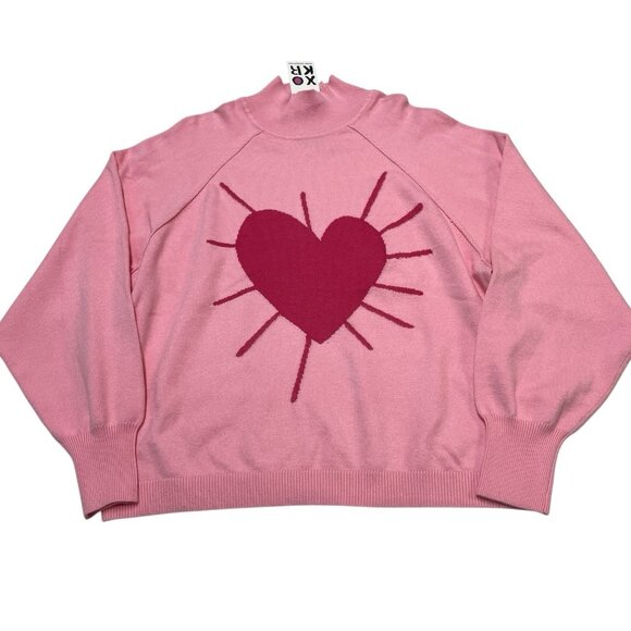 XOKR Kerri Rosenthal Sweater M Pink Heart Mock Neck Cropped Boxy Oversized - Picture 1 of 9
